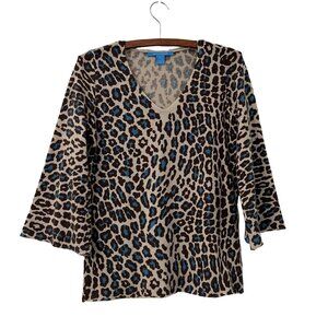 White Warren Pure Cashmere Brown Blue Animal Print Vneck Bell Sleeve Sweater S